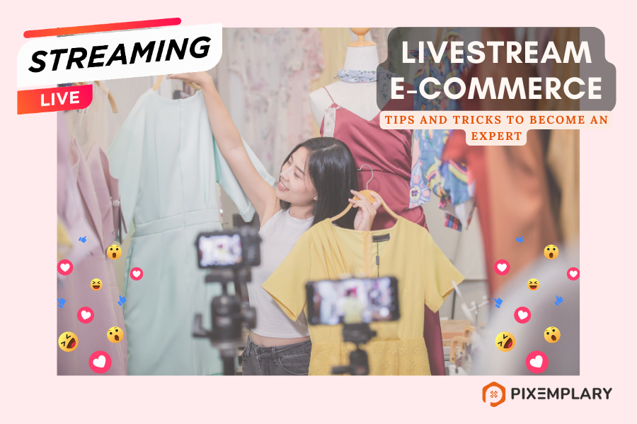 A girl is standing in front of cameras and selling the dresses around her during a livestream.